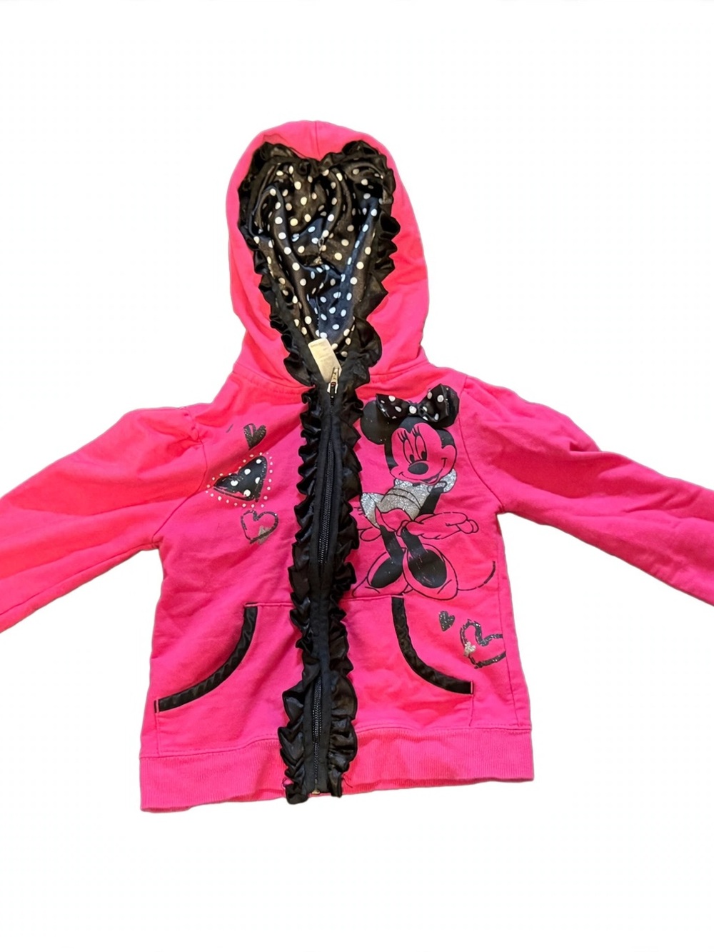 Disney Minnie Mouse Girls Size 5 Pink Black Ruffle Full Zip Hoodie